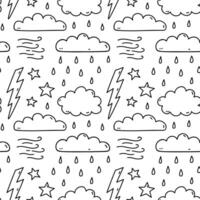 Cute seamless pattern with weather elements - clouds, rain, wind, lightning, stars. hand-drawn doodle illustration. Perfect for print, wallpaper, decorations. vector