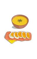 Delicious soup in a bowl and slice boiled eggs and ham. Food art vector