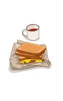 Delicious egg sandwiches on paper and tea in a mug on white background vector