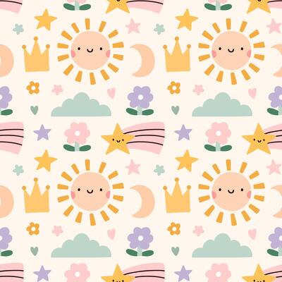 Cute seamless pattern with childish doodles in pastel colors - sun, cloud, stars, flowers, moon. hand-drawn flat illustration. Perfect for print, wrapping paper, wallpaper, fabric, textile.