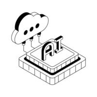 An isometric outline icon depicting smart ai cloud connection. vector