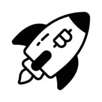 Well designed glyph icon of bitcoin launch rocket. vector