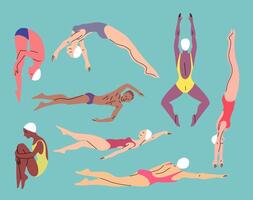 Diverse athletes swimming in dynamic poses vector