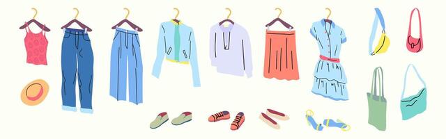 Cartoon Color Different Clothes on Hangers Set. vector
