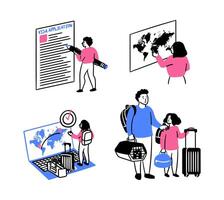 Cartoon Color Migration Concept Forced Journeys Scenes Set. vector
