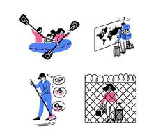 Cartoon Color Migration Concept Survival Stories Scenes Set. vector