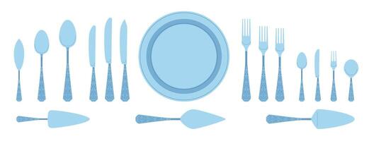 Cartoon Color Different Fancy Silver Cutlery Set. vector