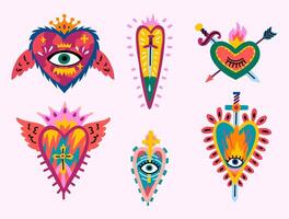 Cartoon Color Different Sacred Mexican Hearts with Wings and Dagger Icons Set. vector