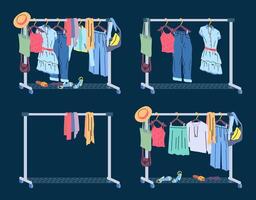 Cartoon Color Different Clothes Rack Set. vector