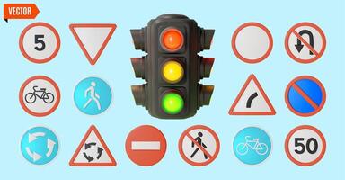3d Rules Concept Traffic Light and Different Road Signs Cartoon Design Style. vector