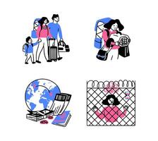 Cartoon Color Migration Concept Displaced Lives Scenes Set. vector