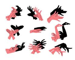 Cartoon Color Different Hand Shadow Puppets Set. vector