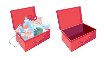 Cartoon Color First Aid Box Set Full and Empty View. vector
