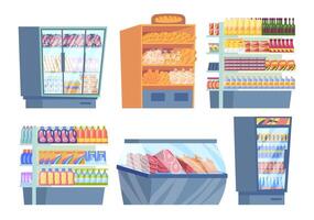 Cartoon Color Different Supermarket Refrigerator with Shelf and Products Set. vector