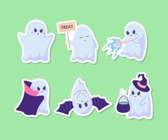 Cartoon Color Characters Ghosts Flying Phantoms with Cauldron Magical Potion Stickers Set. vector
