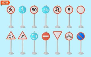 3d Traffic Rules Concept Different Road Signs on a Stand Set Cartoon Design Style. vector