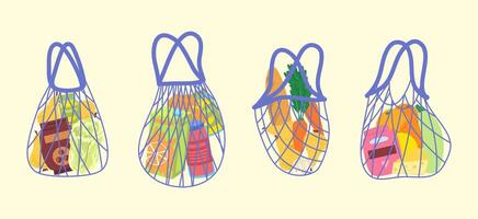 Cartoon Different Color Shopping String Bags with Products Set. vector