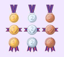 Cartoon Color Awards Medals, Labels and Reward Badges with Ribbon and Engraved Numbers Set. vector