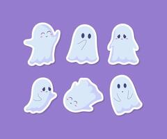 Cartoon Color Kawaii and Sad Characters Ghosts Flying Phantoms Stickers Set. vector