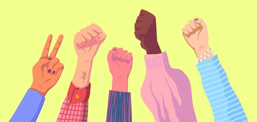 Cartoon Color Woman Hands holding Protester Fist and Victory Gestures Signs Set.