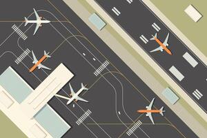Cartoon Color Runway Strip with Aircraft Top View Scene Concept. vector