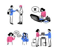 Cartoon Color Migration Concept Integration of Migrants Scenes Set. vector