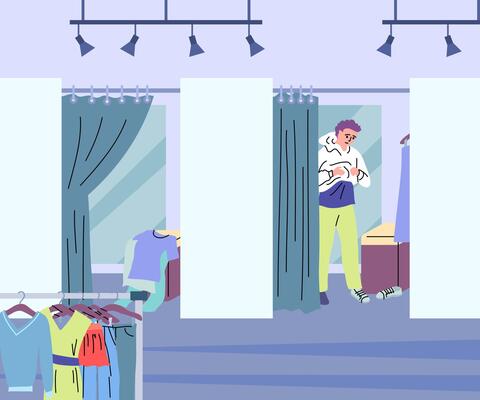 Cartoon Color Character Man and Fashion Fitting Room Concept.