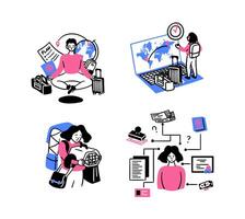 Cartoon Color Migration Concept Different Preparing Scenes Set. vector