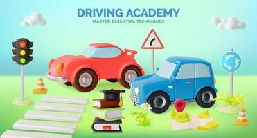 3d Driving Academy Traffic Rules Concept Ads Banner Promotion Poster Card. vector