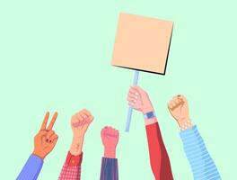Hands raised in protest with a sign vector