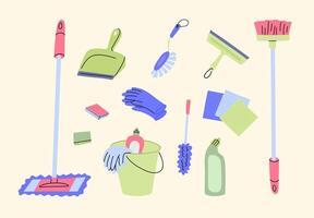 Cartoon Color Different Cleaning Items Set. vector