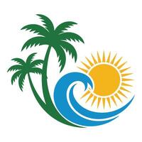 Palm trees wave and sun isolated on white background vector