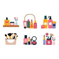 Cosmetic products and makeup accessories are displayed in sets vector