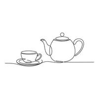 Teapot and teacup isolated on white background in single line art vector