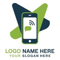 Smartphone with message icon in front of abstract star shape logo vector