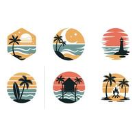 Collection of tropical beach scenes with palm trees and sunsets vector