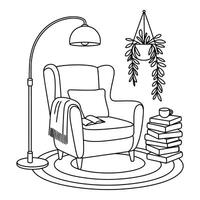 Armchair with lamp books and plant isolated on white background vector