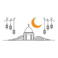Mosque and crescent moon with hanging lanterns isolated on white background vector