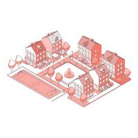 Isometric view of a charming town square with buildings and fountain vector
