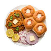 Overhead View of Pav Bhaji with Buttered Pav Buns Lemon and Onions png