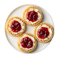 Four Crumpets with Butter and Raspberry Jam on White Plate png