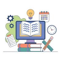 Open book on computer screen with study and learning icons vector