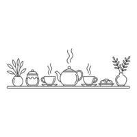 Teapot cups cookies and plants on a shelf isolated on white background vector
