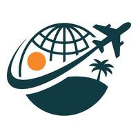Airplane flies over a tropical island with a globe and orange sun vector