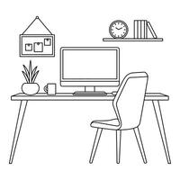 Desk with computer and chair isolated on white background vector
