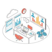 Isometric office workplace with data charts and cloud storage concept vector