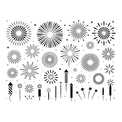 Collection of fireworks and rockets isolated on white background