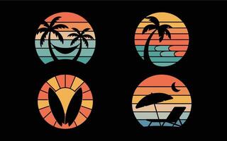 Retro summer beach vacation scenes with palm trees and sunsets vector