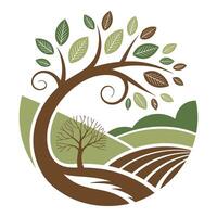 Stylized tree with leaves and rolling hills isolated on white background vector