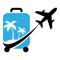 Blue suitcase with palm trees and airplane isolated on white background vector